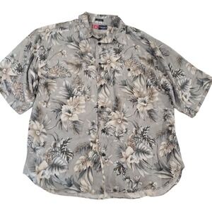 CM Sport Short Sleeve Button Up Shirt Mens Gray L Silk Floral Hawaiian Summer